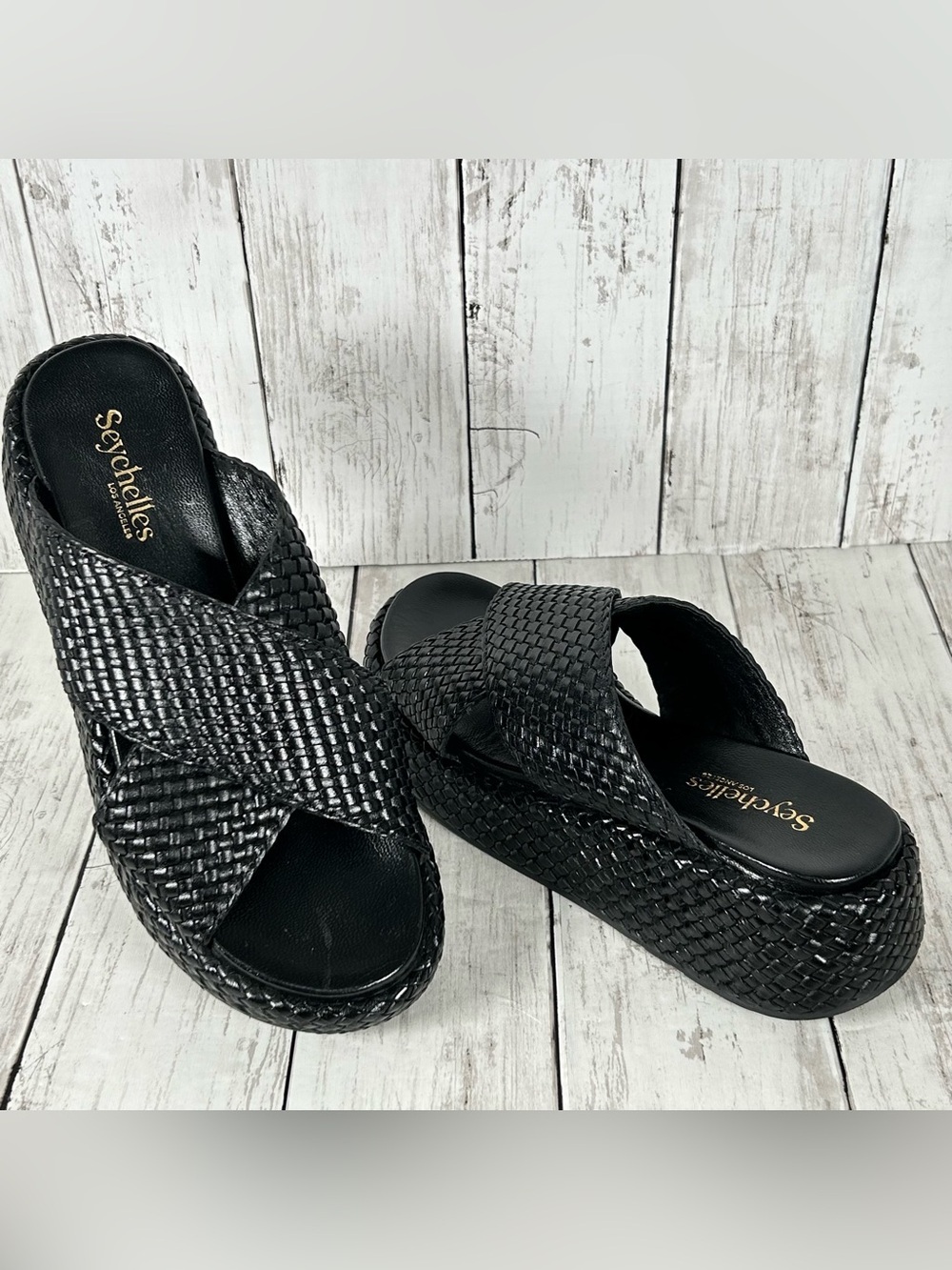 Seychelles Key West Woven Leather Platform Slides Black Anthropologie Sz 7 NEW